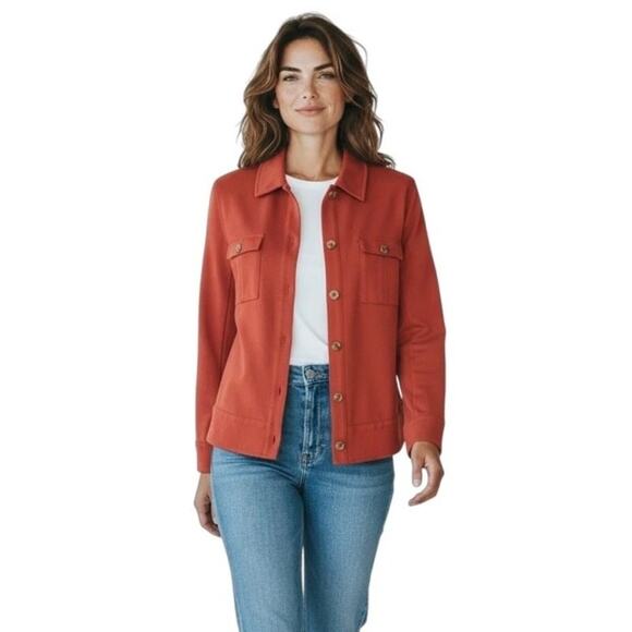 J.Jill Jackets & Blazers - J.Jill Women's Wearever Knit Shacket Jacket S Red Orange Long Sleeve Button Up